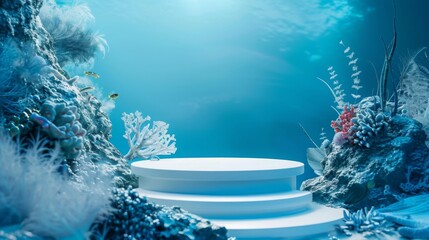 A serene underwater setting features a white circular platform surrounded by vibrant coral and a few small fish.