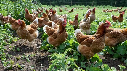 Chicken farm. A chicken eats feed and grain at an eco-friendly free-range chicken farm. Free range chicken farm and sustainable agriculture poultry farming concept.