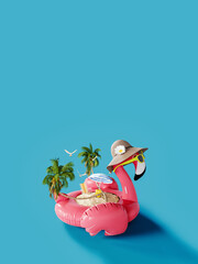 Obraz premium Summer vacation concept. Pink flamingo with palm trees and accessories on blue background with copy space. 3D Rendering, 3D Illustration