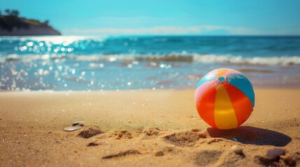 Obraz premium Vibrant Beach Ball Resting On Sandy Shore Beside Sparkling Blue Ocean Waves Under Bright Sun, Capturing The Essence Of Summer Fun And Joy