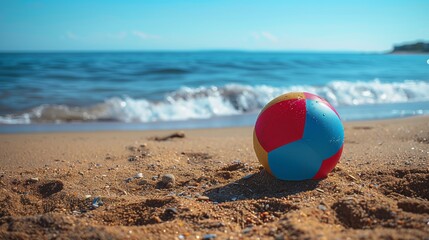 Obraz premium Colorful Inflatable Beach Ball On Golden Sand By Blue Ocean Waves Under Clear Sky, Representing Summer Leisure, Freedom, And Relaxation