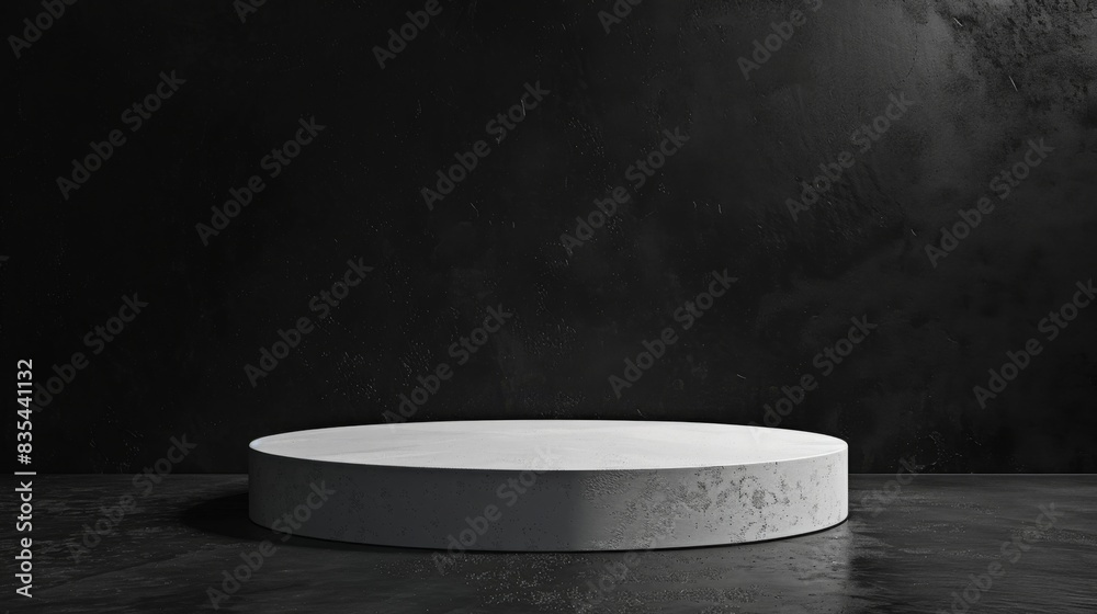 Poster A simple white round podium is centered against a dark, textured background under studio lights, casting subtle shadows.
