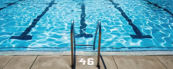 view of an empty public swimming pool with clear blue water and a sunny ambiance.