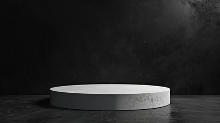 A simple white round podium is centered against a dark, textured background under studio lights, casting subtle shadows.