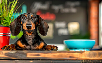 Dachshund rests paws on table, curious expression.