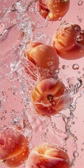 Bright, ripe peaches with water droplets are dynamically captured mid-splash against a pink background. The motion of water streams creates an energetic and refreshing scene, peaches' freshness.