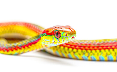Vivid rainbow snake with red eye, white background.