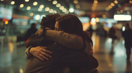A heartfelt goodbye at an airport, with loved ones embracing, symbolizing the strength of personal bonds