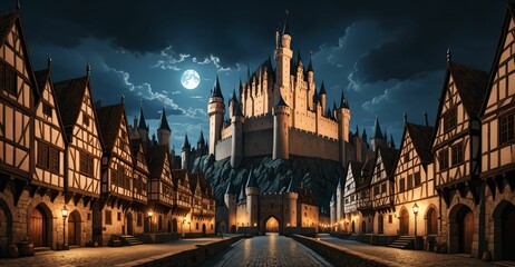 Fototapeta premium medieval gothic castle palace in city town at night under clouds and moon. old ancient cityscape. 