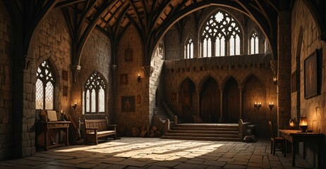 Obraz premium gothic castle palace building interior. goth cathedral rose art Nuevo deco window architecture with arches and torch light. 