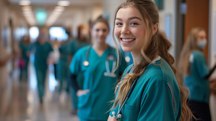 Fototapeta premium Nursing student standing proudly with her team in a bustling hospital hallway, all dressed in scrubs, radiating confidence and camaraderie