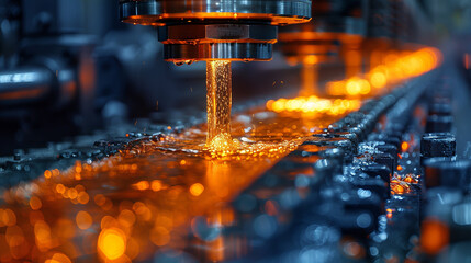 Metallurgical equipment in action with an emphasis on complex details and technological processes.