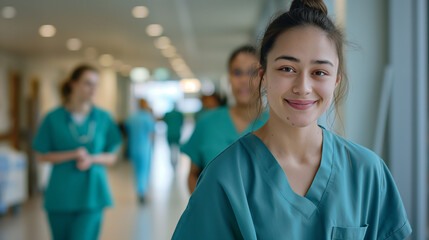 A nursing student in scrubs, standing with her team in a brightly lit hospital corridor, exuding confidence and readiness