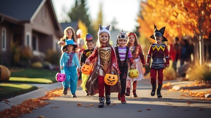 Group of children in colorful Halloween costumes trick-or-treating in a decorated neighborhood