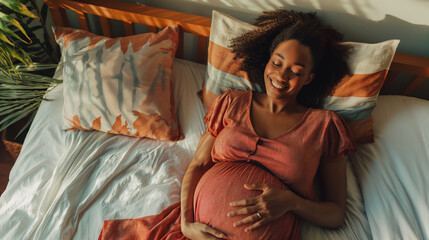 Fototapeta premium Pregnant woman in a peaceful bedroom, lying on bed with a tranquil smile, hands on her belly, embodying relaxation and maternal health