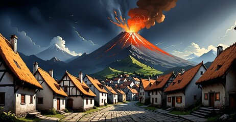 Fototapeta premium medieval fantasy village town by volcano mountains and clouds sky night. house home explosion with ash and smoke.