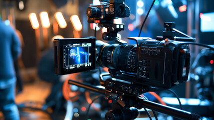 A digital video camera's viewfinder is locked onto a digital screen, highlighting the seamless integration of camera equipment and media technology on a professional set