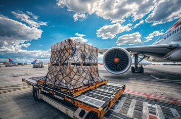 Photo of an airplane with cargo being loaded onto the plane 