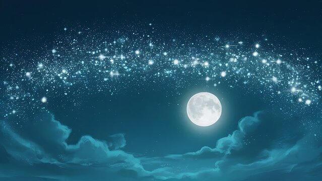 Serene Night Sky with Stars and Glowing Moon on Solid Blue Background
