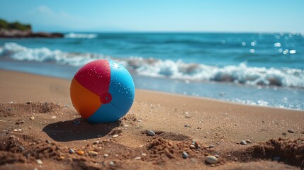 Obraz premium Vibrant Beach Ball On Wet Sand Near Ocean Waves Under Clear Blue Sky, Capturing The Joyful Spirit Of Summer Relaxation And Coastal Freedom