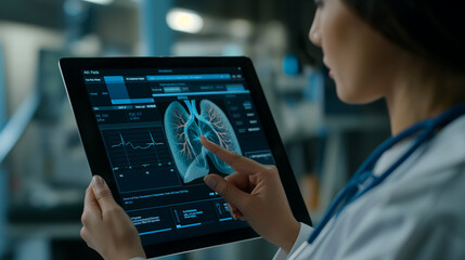 The interactive user interface on an iPad, manipulated by a female doctor, features a comprehensive digital medical record for diagnosing liver disease, emphasizing the future of h