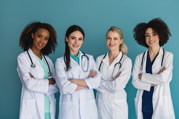Fototapeta premium female doctors in the light blue background, Discover the Inspiring Women Doctors on a Light Blue Background, Celebrating Female Doctors, Professional Portraits on a Light Blue Background