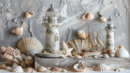 A detailed diorama featuring mini lighthouses, a small sailboat, and seashells, set against a textured, beach-inspired backdrop.