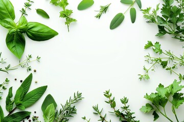 Border of fresh organic herbs and spices on a white background, basil sage rosemary parsley thyme