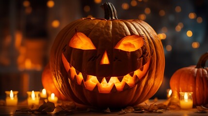 Close-up of a carved pumpkin with a sinister grin, surrounded by flickering candles