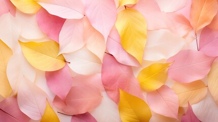 Photograph capturing the ethereal beauty of pink and yellow mixed leaves, the delicate colors blending seamlessly to create a mesmerizing visual display