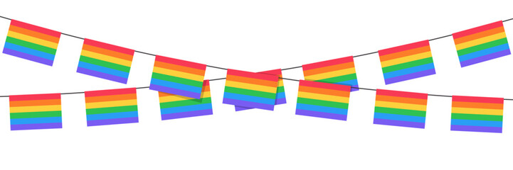 Rainbow bunting flags isolated on white background. Concept of LGBT celebration, pride month.