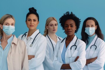 Fototapeta premium female doctors in the light blue background, Discover the Inspiring Women Doctors on a Light Blue Background, Celebrating Female Doctors, Professional Portraits on a Light Blue Background