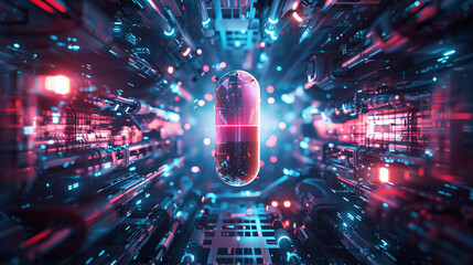 Futuristic capsule placed at the center of a complex interface illuminated by light, symbolizing advanced technology and pharmaceutical innovation.