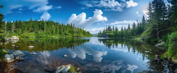 Fototapeta premium beautiful forest lake. Beautiful landscape view of pine forest tree and lake