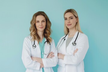Fototapeta premium female doctors in the light blue background, Discover the Inspiring Women Doctors on a Light Blue Background, Celebrating Female Doctors, Professional Portraits on a Light Blue Background