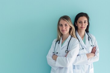 Fototapeta premium female doctors in the light blue background, Discover the Inspiring Women Doctors on a Light Blue Background, Celebrating Female Doctors, Professional Portraits on a Light Blue Background