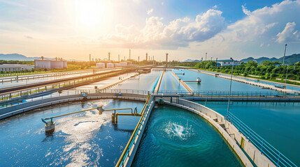 Industrial water treatment plant with large storage tanks and clear blue water under a bright sunny sky.