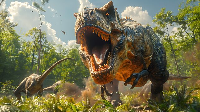 Fototapeta male Tyrannosaurus rex roaring fiercely in a prehistoric jungle with other dinosaurs