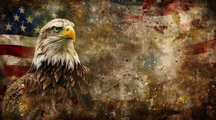 Close Up Portrait of American Bald Eagle With Distressed American Flag Background