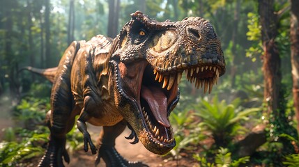 male Tyrannosaurus rex roaring fiercely in a prehistoric jungle