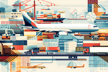 Cargo transportation by airplane, truck, and ship, symbolizing global logistics