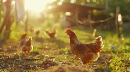 Chicken farm. A chicken eats feed and grain at an eco-friendly free-range chicken farm. Free range chicken farm and sustainable agriculture poultry farming concept.