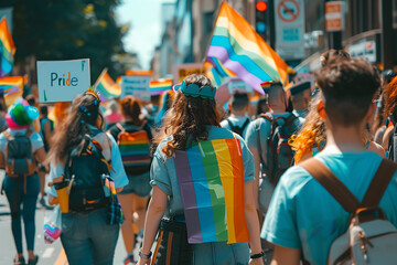 Naklejka premium A vibrant and colorful image featuring a diverse group of people joyfully waving rainbow flags, embodying the spirit of Pride and the celebration of LGBTQ+ rights and inclusivity