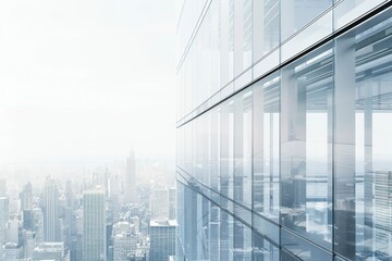 A modern glass skyscraper reflecting a cityscape with a hazy atmosphere and muted colors.