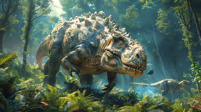 Panoplosaurus defending itself from a predator in a dense forest with other dinosaurs nearby