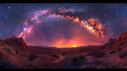 panoramic image of the Milky Way arching over a desert landscape on Earth with the zodiacal light visible in the predawn sky