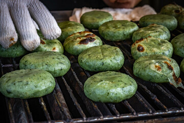 green rice mochis, dango, japan, sweets, grilled, dessert, sweet, treat, oshino hakkai
