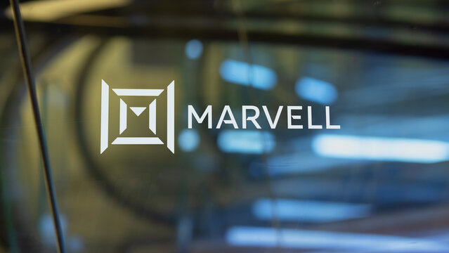 May 31th 2024, logo Marvell on a glass of a lobby.