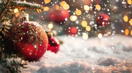 Red Ornament Decorated With Gold Under Falling Snow