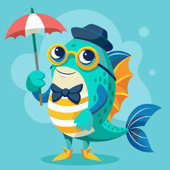 Fototapeta premium A funny illustration of a fish wearing glasses and holding an umbrella that brings joy and laughter to your day. 